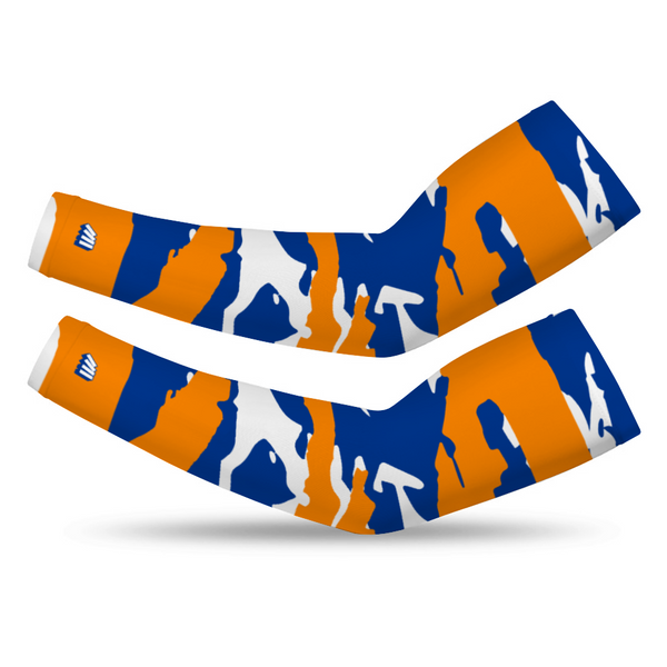 Athletic sports compression arm sleeve for youth and adult football, basketball, baseball, and softball printed with blue, orange, and white colors. 