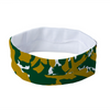 Athletic sports sweatband headband for youth and adult football, basketball, baseball, and softball printed with camo green, gold, and white colors. 