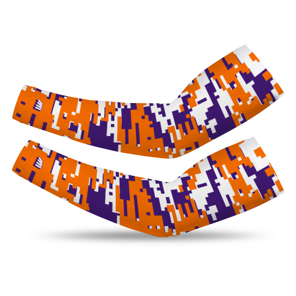 Athletic sports compression arm sleeve for youth and adult football, basketball, baseball, and softball printed with digicamo orange, purple, white Phoenix Suns