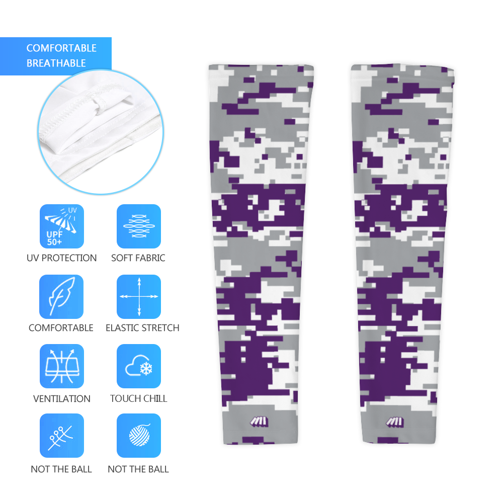 Athletic sports compression arm sleeve for youth and adult football, basketball, baseball, and softball printed with digicamo gray, purple, white TCU Horned Frogs colors