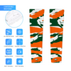 Athletic sports compression arm sleeve for youth and adult football, basketball, baseball, and softball printed with green, orange, and white colors Miami Hurricanes.