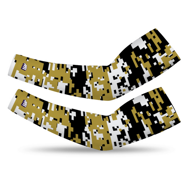 Athletic sports compression arm sleeve for youth and adult football, basketball, baseball, and softball printed with digicamo black, gold, white New Orleans Saints colors