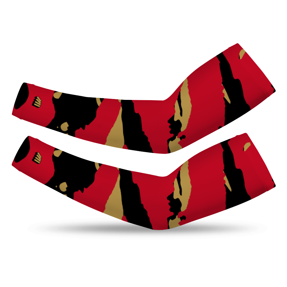 Athletic sports compression arm sleeve for youth and adult football, basketball, baseball, and softball printed with predator red, gold, and black San Francisco 49'ers Ottawa Senators