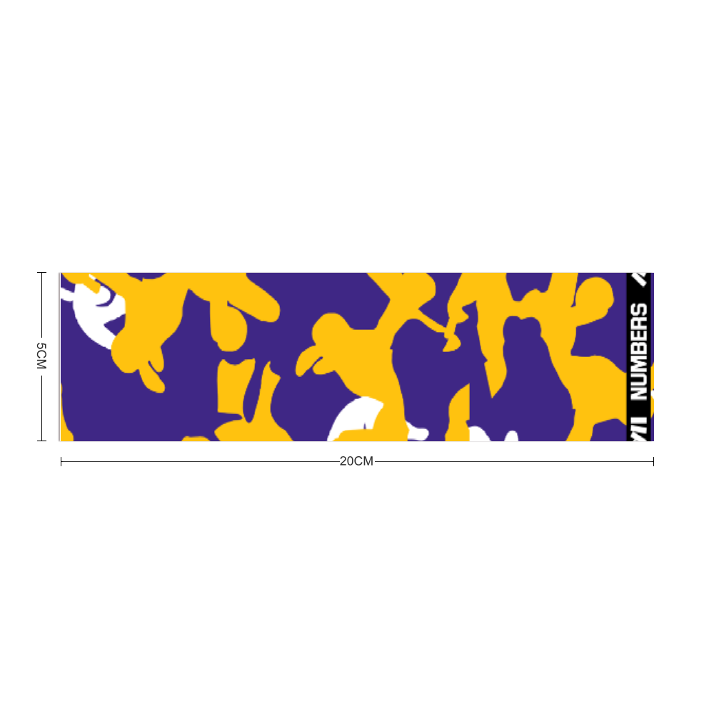 Athletic sports compression arm sleeve for youth and adult football, basketball, baseball, and softball printed with camo purple, yellow, white
