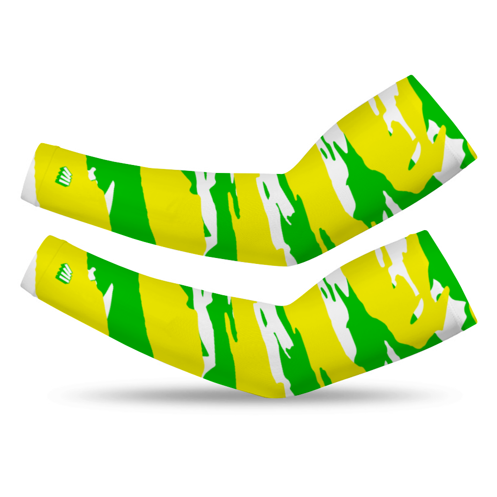 Athletic sports compression arm sleeve for youth and adult football, basketball, baseball, and softball printed with  neon green, yellow, and white Oregon Ducks