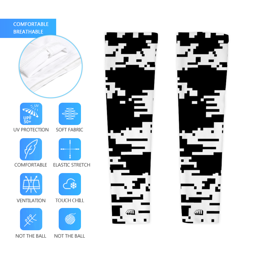 Athletic sports compression arm sleeve for youth and adult football, basketball, baseball, and softball printed with digicamo black and white Brooklyn Nets colors