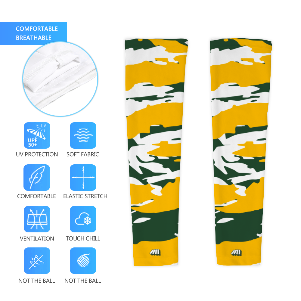 Athletic sports compression arm sleeve for youth and adult football, basketball, baseball, and softball printed with camo blue, yellow, white Green Bay Packers