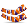 Athletic sports compression arm sleeve for youth and adult football, basketball, baseball, and softball printed with orange, purple, and white colors.