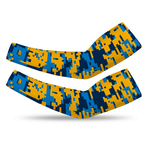 Athletic sports compression arm sleeve for youth and adult football, basketball, baseball, and softball printed with digicamo navy blue, baby blue, yellow Los Angeles Chargers colors