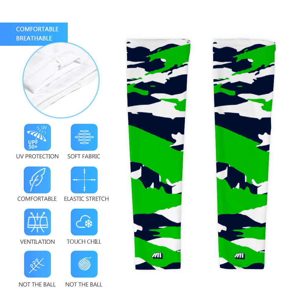 Athletic sports compression arm sleeve for youth and adult football, basketball, baseball, and softball printed with predator green, blue, and white Seattle Seahawks