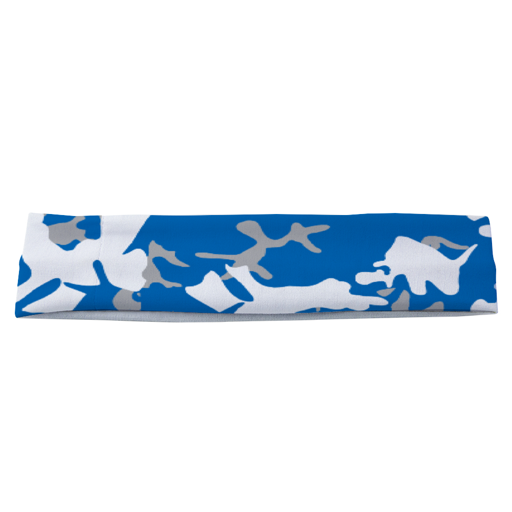 Athletic sports sweatband headband for youth and adult football, basketball, baseball, and softball printed with camo light blue, gray, and white