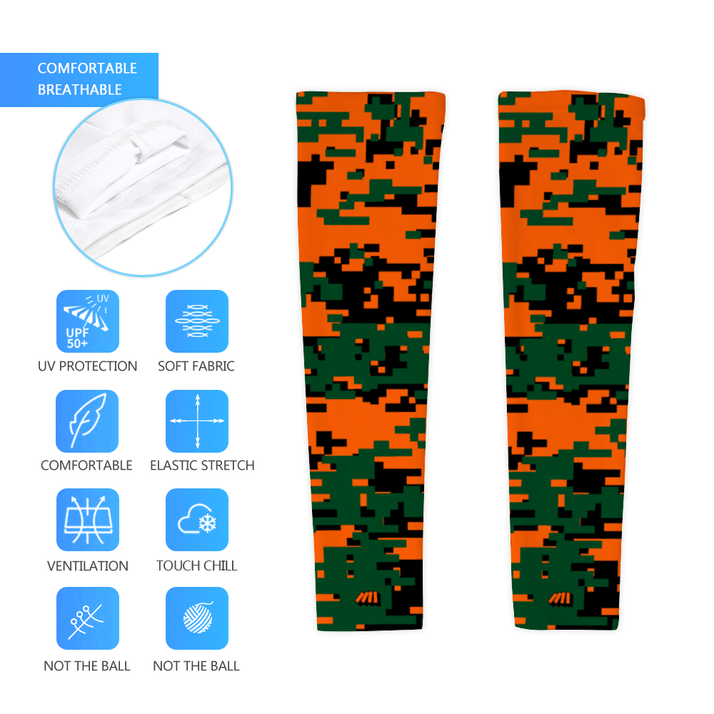 Athletic sports compression arm sleeve for youth and adult football, basketball, baseball, and softball printed with digicamo green, orange, black in Miami Hurricanes color