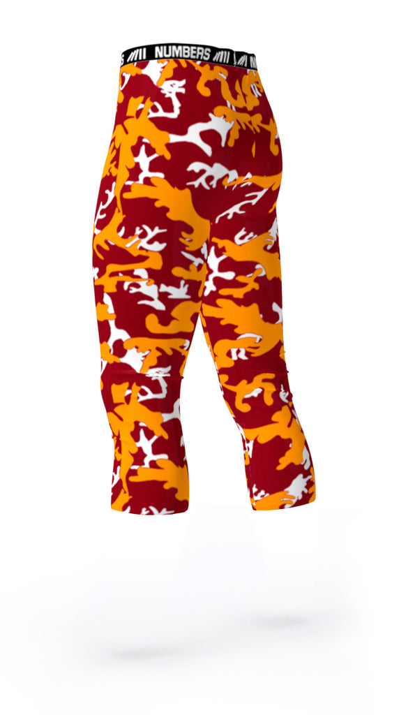 Front view- Custom athletic team compression tights with USC TROJANS team colors- maroon, white, yellow