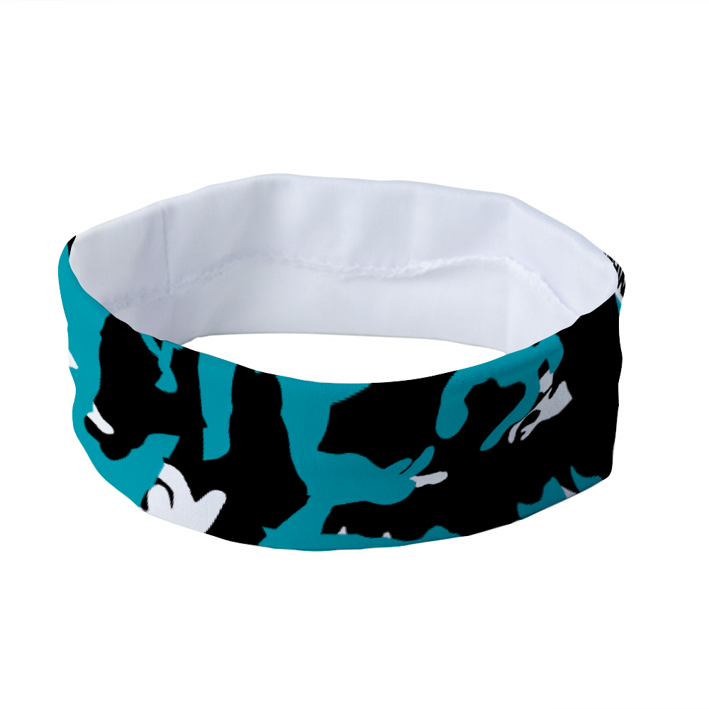 Athletic sports sweatband headband for youth and adult football, basketball, baseball, and softball printed with camo aqua, black, white