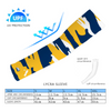 Athletic sports compression arm sleeve for youth and adult football, basketball, baseball, and softball printed with navy blue, yellow, and white colors.