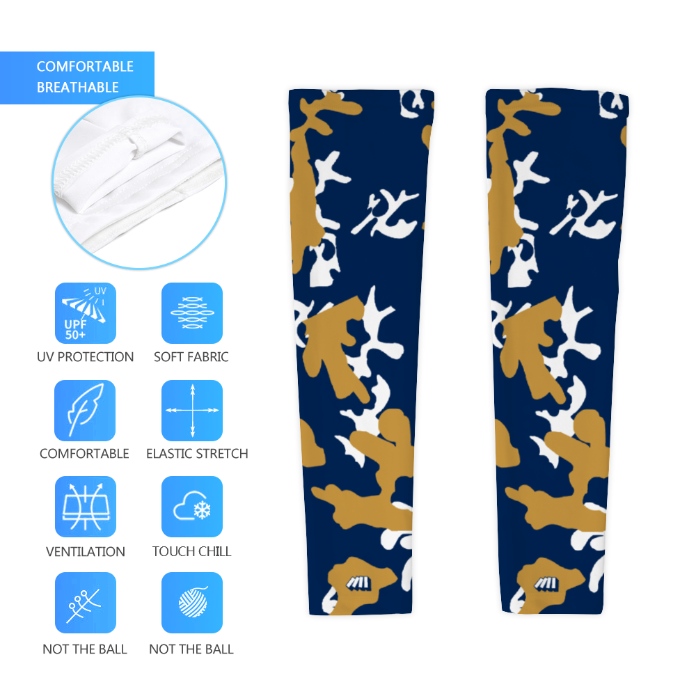 Athletic sports compression arm sleeve for youth and adult football, basketball, baseball, and softball printed with camouflage navy blue, gold, white
