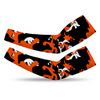 Athletic sports compression arm sleeve for youth and adult football, basketball, baseball, and softball printed with camo black, orange, white