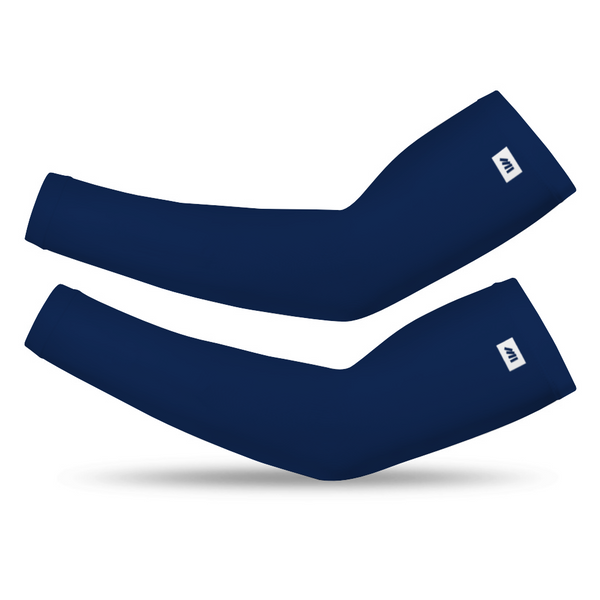 Athletic sports compression arm sleeve for youth and adult football, basketball, baseball, and softball printed with the color navy blue