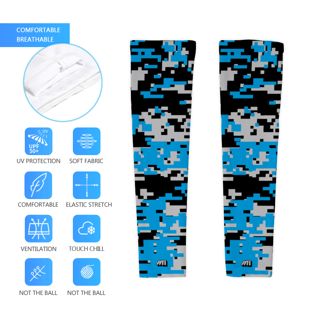 Athletic sports compression arm sleeve for youth and adult football, basketball, baseball, and softball printed with digicamo aqua, gray, black Carolina Panthers colors