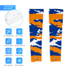 Athletic sports compression arm sleeve for youth and adult football, basketball, baseball, and softball printed with blue, orange, and white colors. 