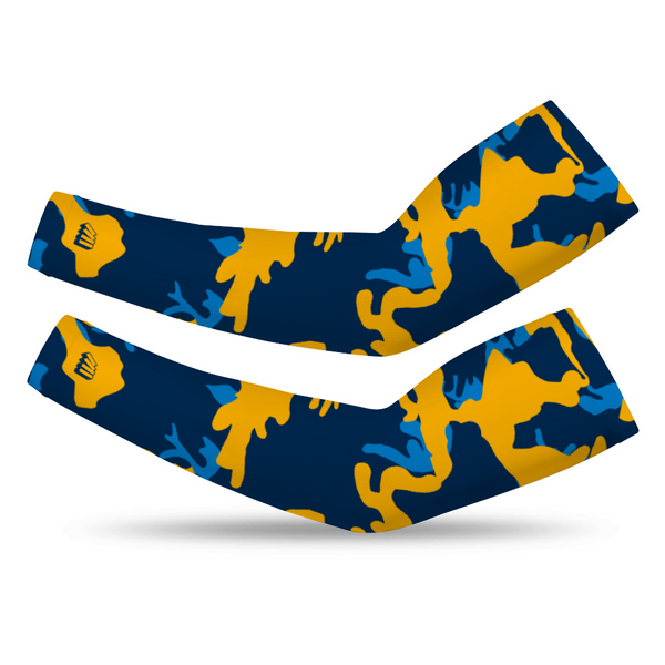 Athletic sports compression arm sleeve for youth and adult football, basketball, baseball, and softball printed with camo navy blue, powder blue, yellow