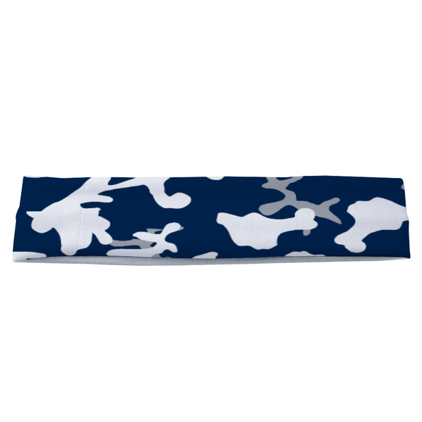 Athletic sports sweatband headband for youth and adult football, basketball, baseball, and softball printed with camo blue, gray, white