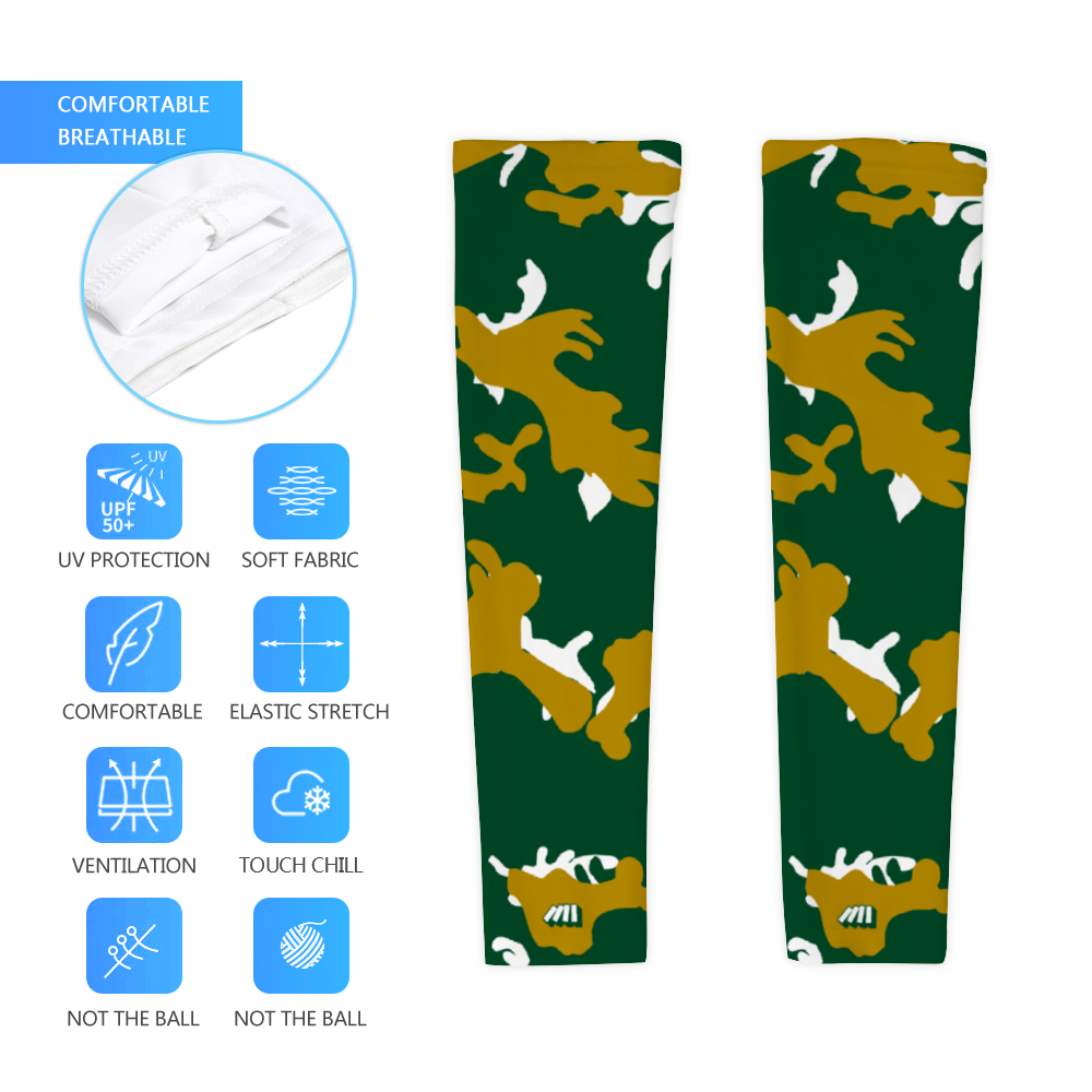 Athletic sports compression arm sleeve for youth and adult football, basketball, baseball, and softball printed with camo green, gold, white