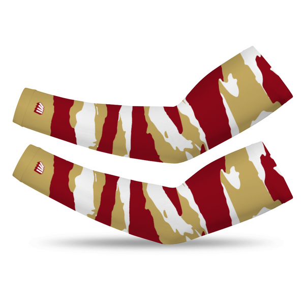 Athletic sports compression arm sleeve for youth and adult football, basketball, baseball, and softball printed with maroon, gold, and white colors Florida State Seminoles.