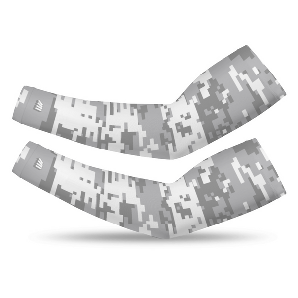 Athletic sports compression arm sleeve for youth and adult football, basketball, baseball, and softball printed with digicamo gray and white