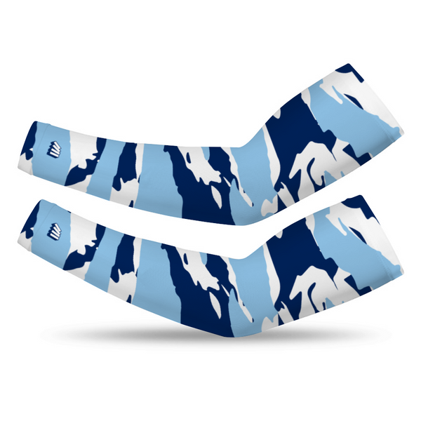 Athletic sports compression arm sleeve for youth and adult football, basketball, baseball, and softball printed with navy blue, baby blue, and white colors Tampa Bay Rays. 