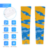 Athletic sports compression arm sleeve for youth and adult football, basketball, baseball, and softball printed with baby blue, blue, and yellow colors.