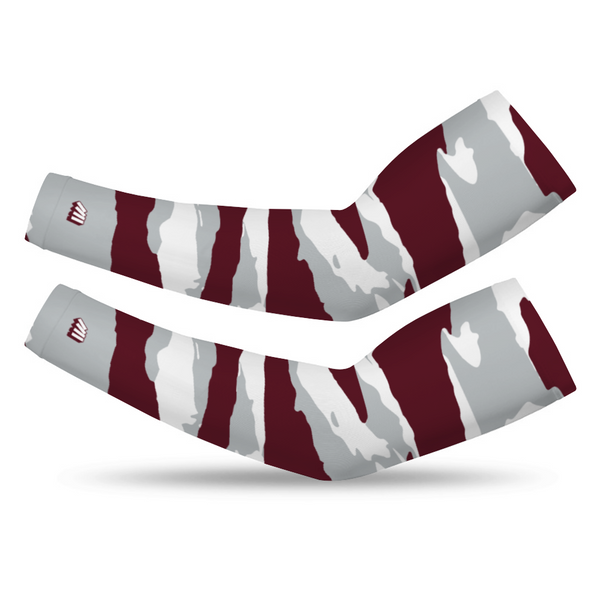 Athletic sports compression arm sleeve for youth and adult football, basketball, baseball, and softball printed with maroon, gray, and white colors. 