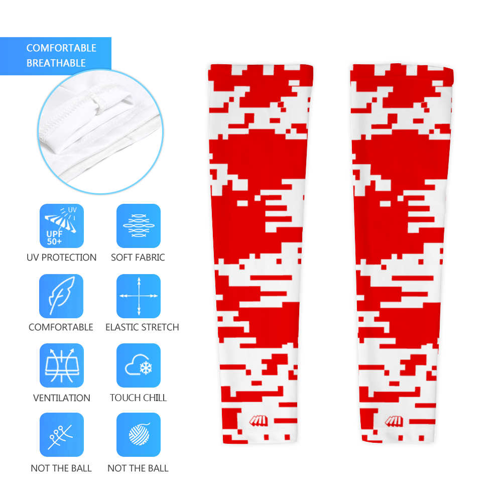 Athletic sports compression arm sleeve for youth and adult football, basketball, baseball, and softball printed with digicamo red and white Houston Rockets colors