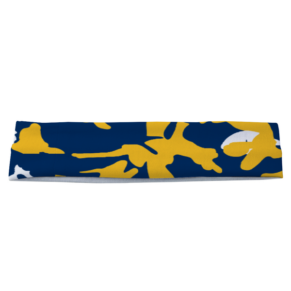 Athletic sports sweatband headband for youth and adult football, basketball, baseball, and softball printed in camo navy blue, yellow, white colors