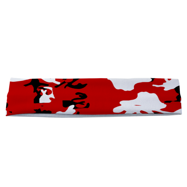 Athletic sports sweatband headband for youth and adult football, basketball, baseball, and softball printed in camo red, black, white colors
