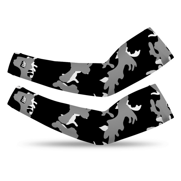 Athletic sports compression arm sleeve for youth and adult football, basketball, baseball, and softball printed with camo black, gray, white