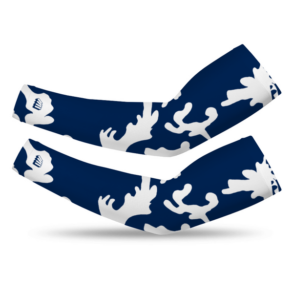 Athletic sports compression arm sleeve for youth and adult football, basketball, baseball, and softball printed with camo navy blue, white