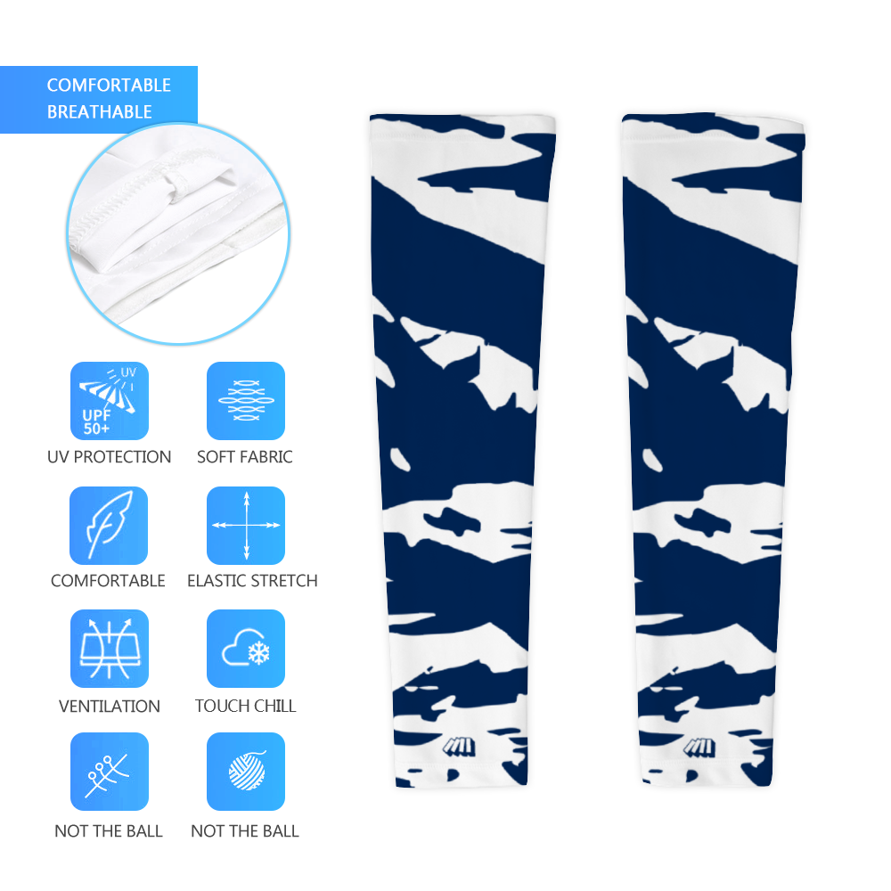 Athletic sports compression arm sleeve for youth and adult football, basketball, baseball, and softball printed with predator navy blue, and white BYU Cougars Butler Bulldogs New York Yankees
