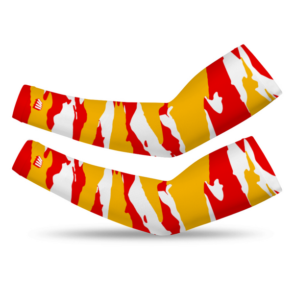 Athletic sports compression arm sleeve for youth and adult football, basketball, baseball, and softball printed with red, yellow, and white colors Calgary Flames