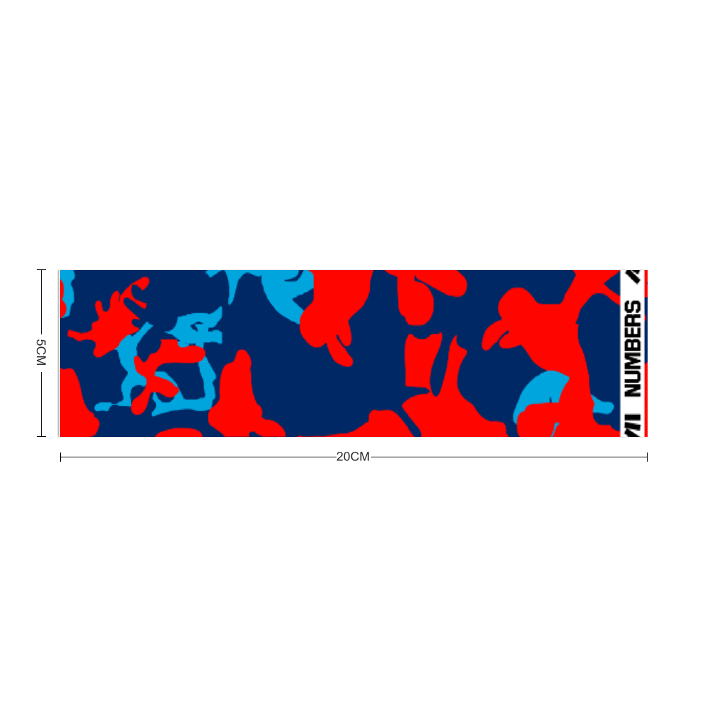Athletic sports sweatband headband for youth and adult football, basketball, baseball, and softball printed with camo navy blue, baby blue, and red colors.