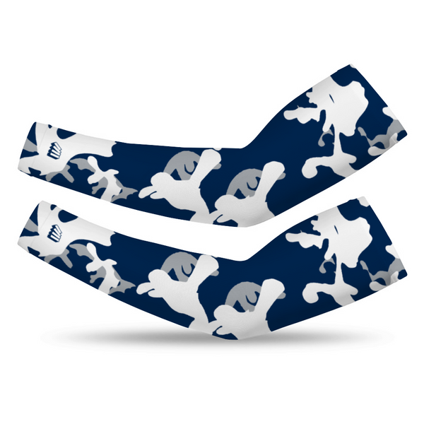 Athletic sports compression arm sleeve for youth and adult football, basketball, baseball, and softball printed with camo blue, gray, white