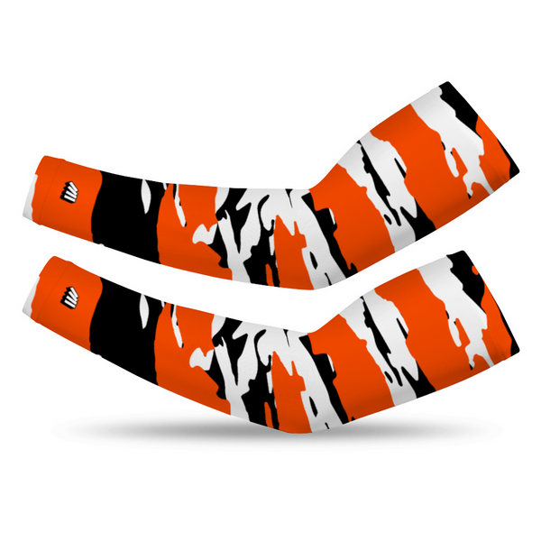Athletic sports compression arm sleeve for youth and adult football, basketball, baseball, and softball printed with orange, black, and white Cincinnati Bengals