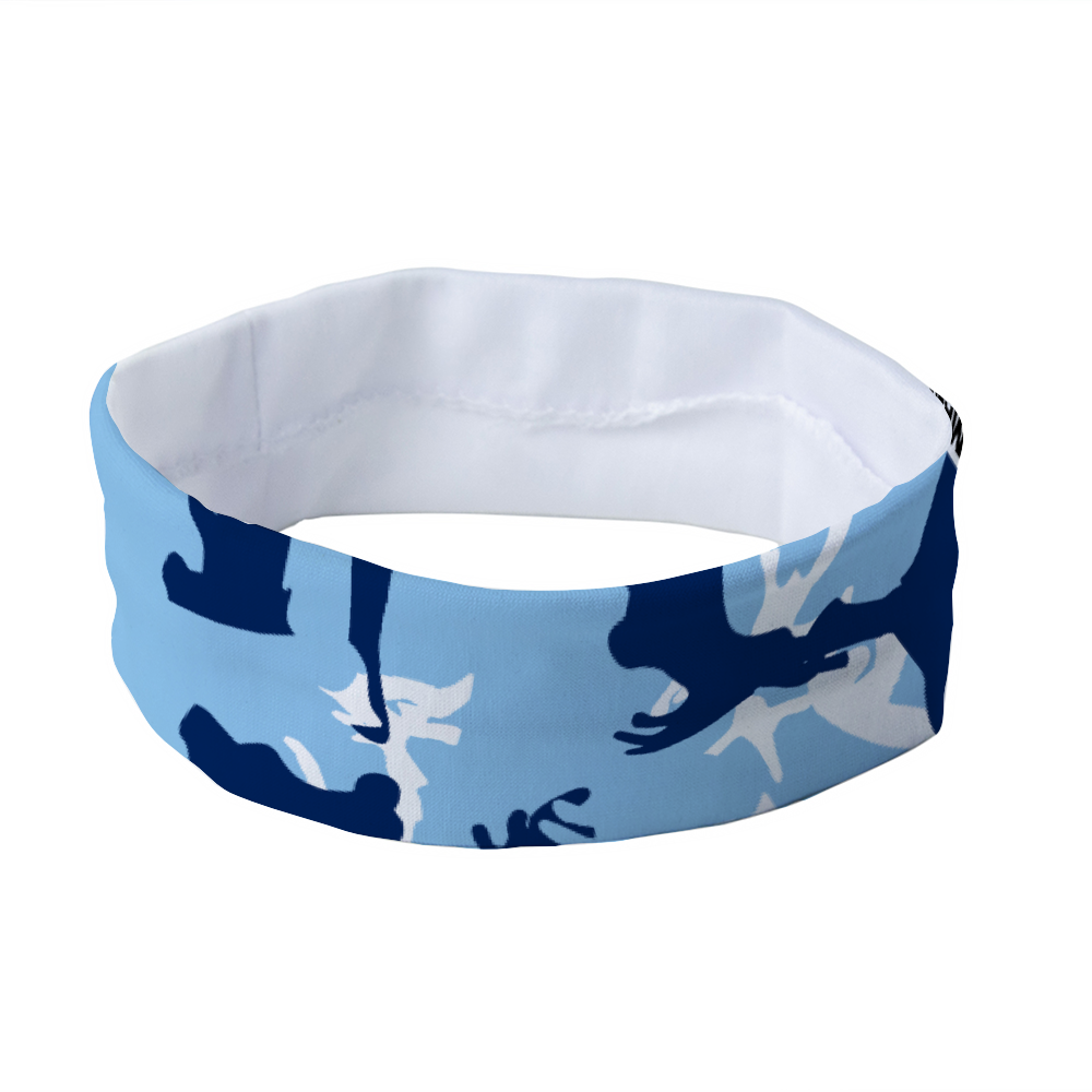 Athletic sports sweatband headband for youth and adult football, basketball, baseball, and softball printed with camo navy blue, baby blue, and white