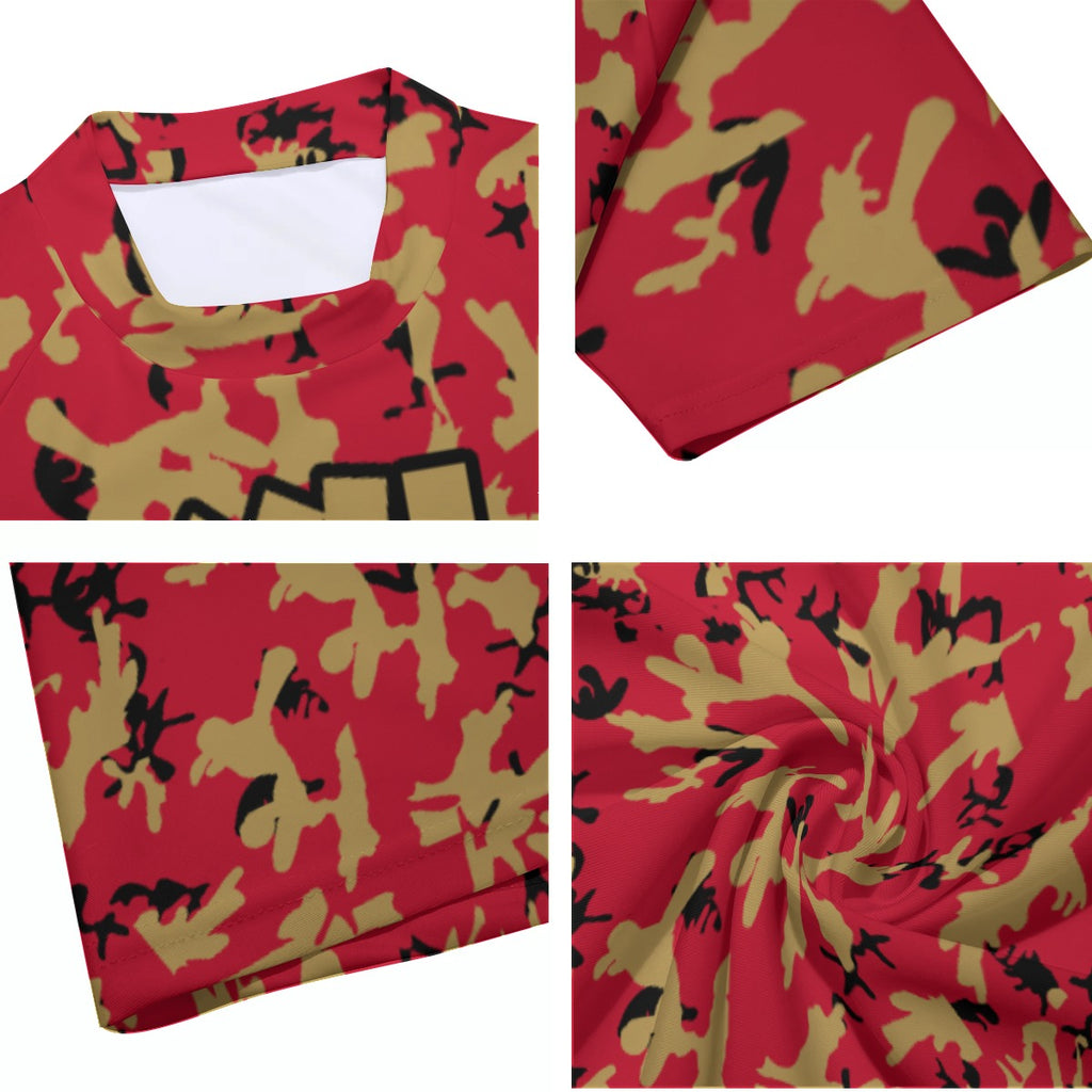 Athletic sports compression shirt for youth and adult football, basketball, baseball, cycling, softball etc printed with camouflage red, gold, black colors