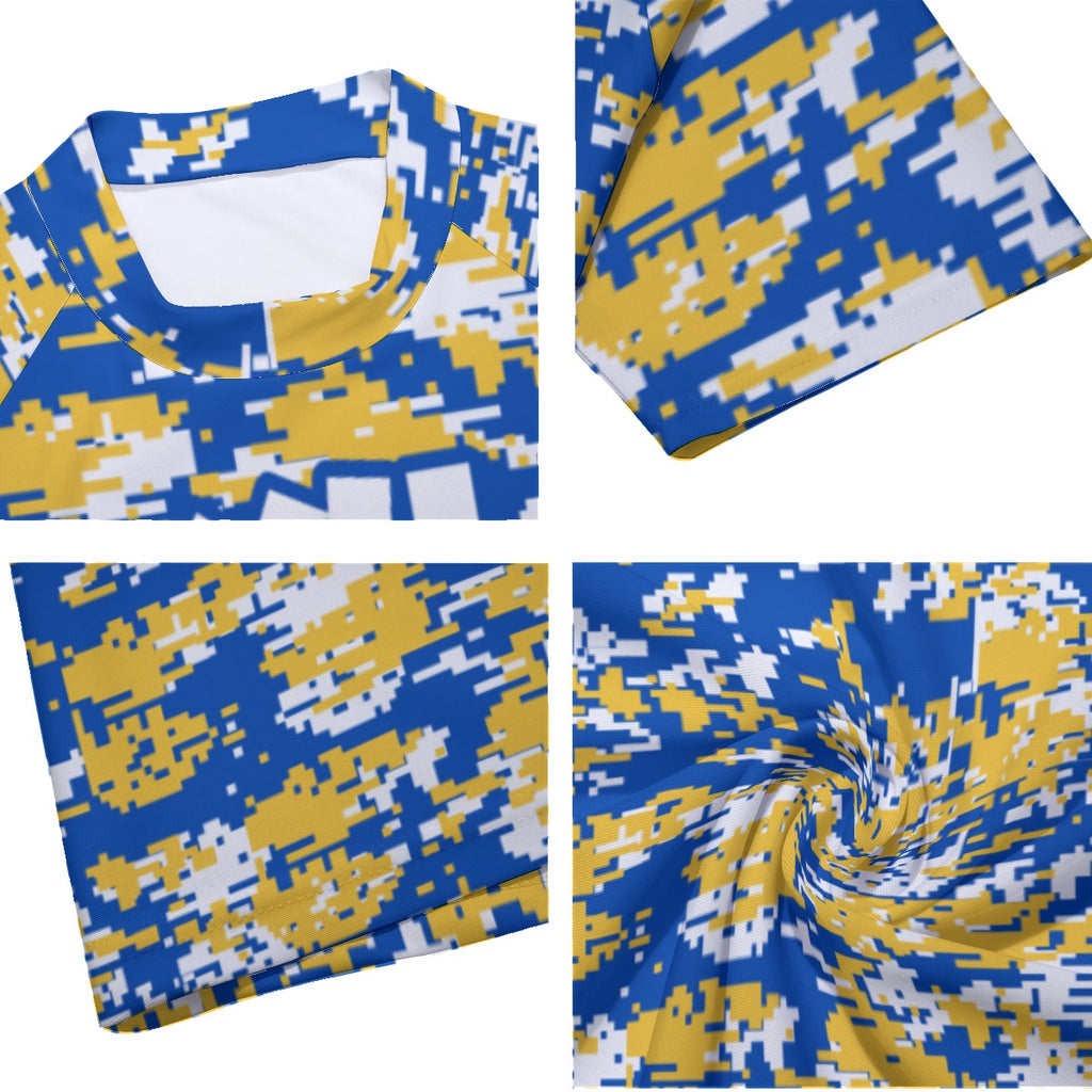 Athletic sports compression arm sleeve for youth and adult football, basketball, baseball, and softball printed with blue, yellow, and white colors Golden State Warriors. 