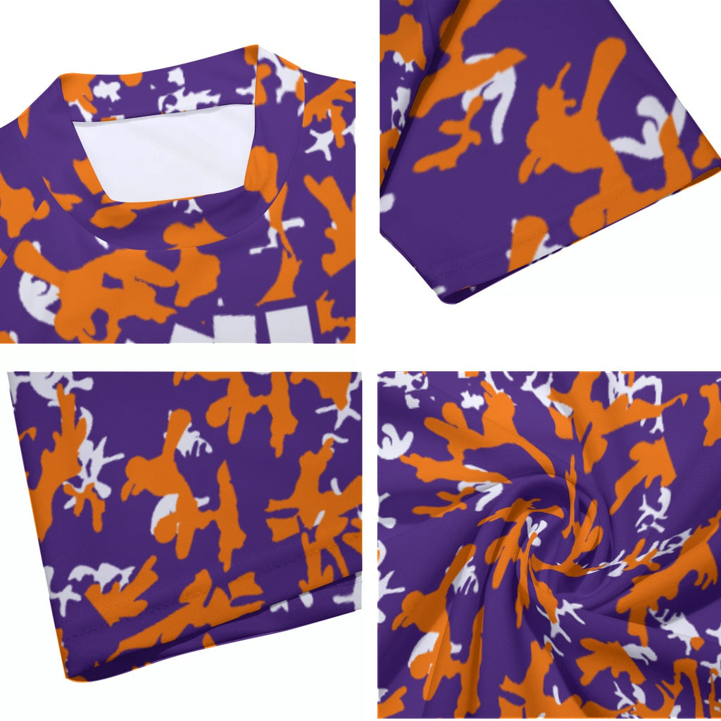 Athletic sports compression shirt for youth and adult football, basketball, baseball, cycling, softball etc printed with camouflage purple, orange, white colors