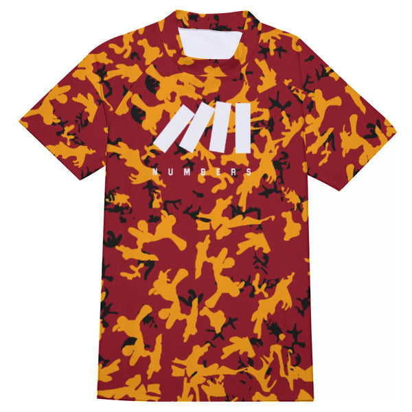 Athletic sports compression shirt for youth and adult football, basketball, baseball, cycling, softball etc printed with camouflage maroon, yellow, black colors