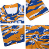 Athletic sports compression arm sleeve for youth and adult football, basketball, baseball, and softball printed with royal blue, orange, and white colors New York Mets.