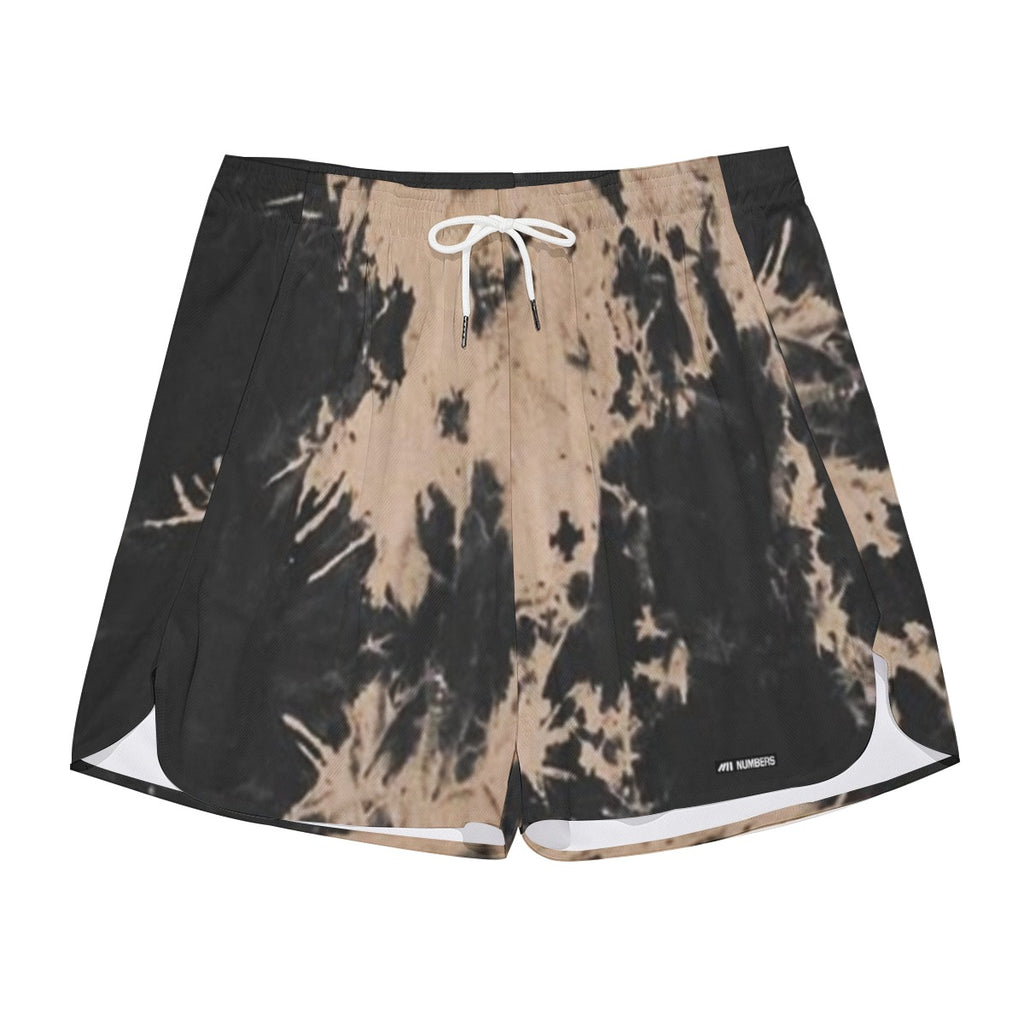 Stylish short shorts for sports like track, running, athletic performance, gym workout, training, etc. printed with tie dye black and brown