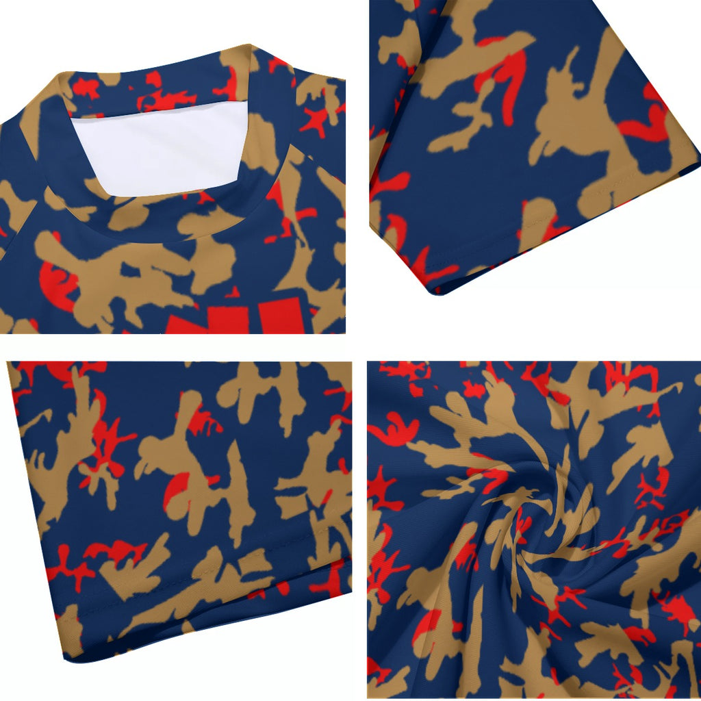 Athletic sports compression shirt for youth and adult football, basketball, baseball, cycling, softball etc printed with camouflage navy blue, gold, red colors